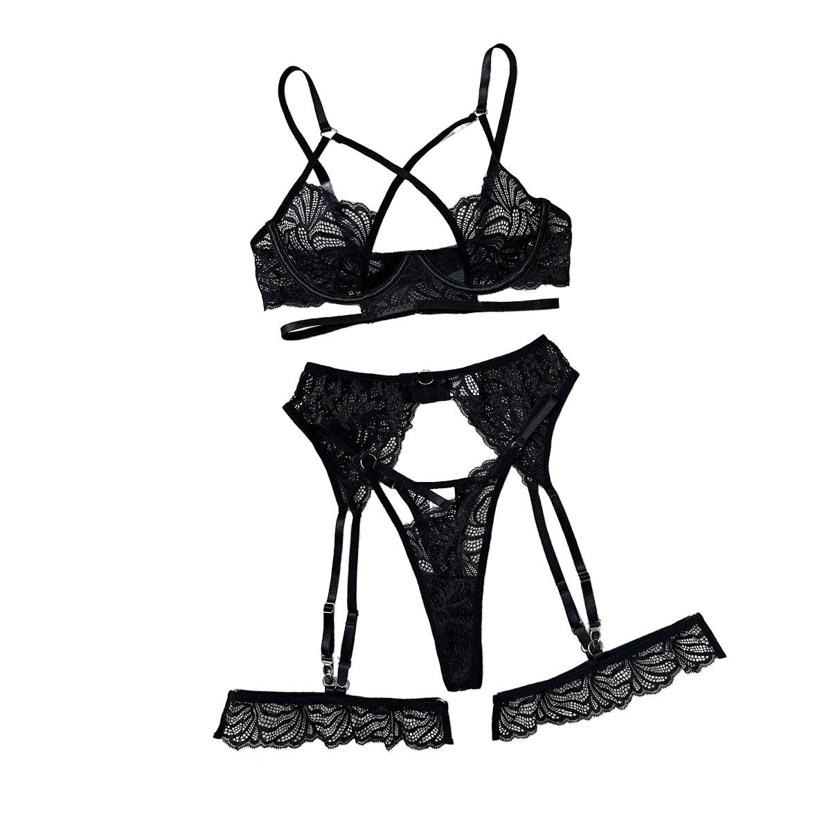 Black sexy lace lingerie set with steel ring details and cross ribbon design, four-piece push-up style