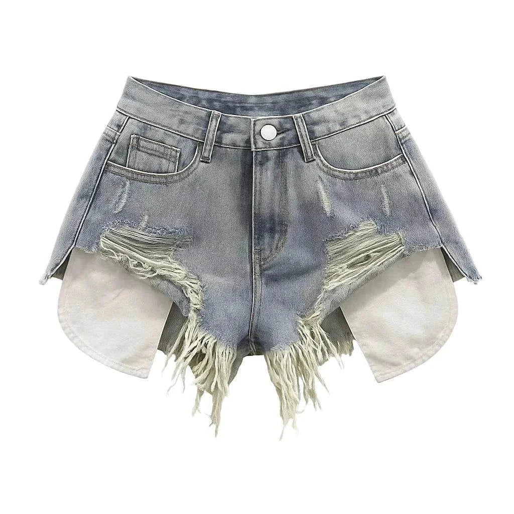 Korean high-waisted ripped denim shorts with patchwork design and frayed edges in light blue denim