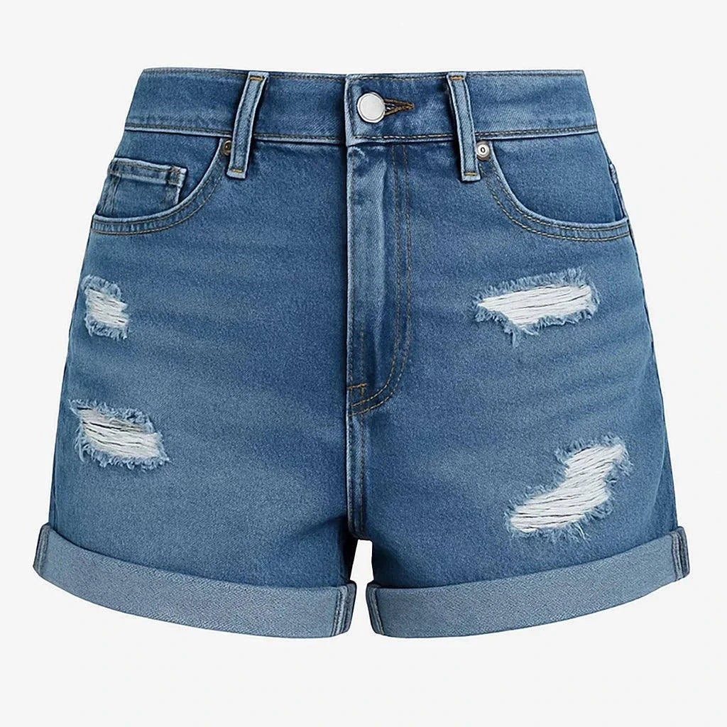 High waisted ripped denim shorts for women with rolled hem and distressed details in blue denim