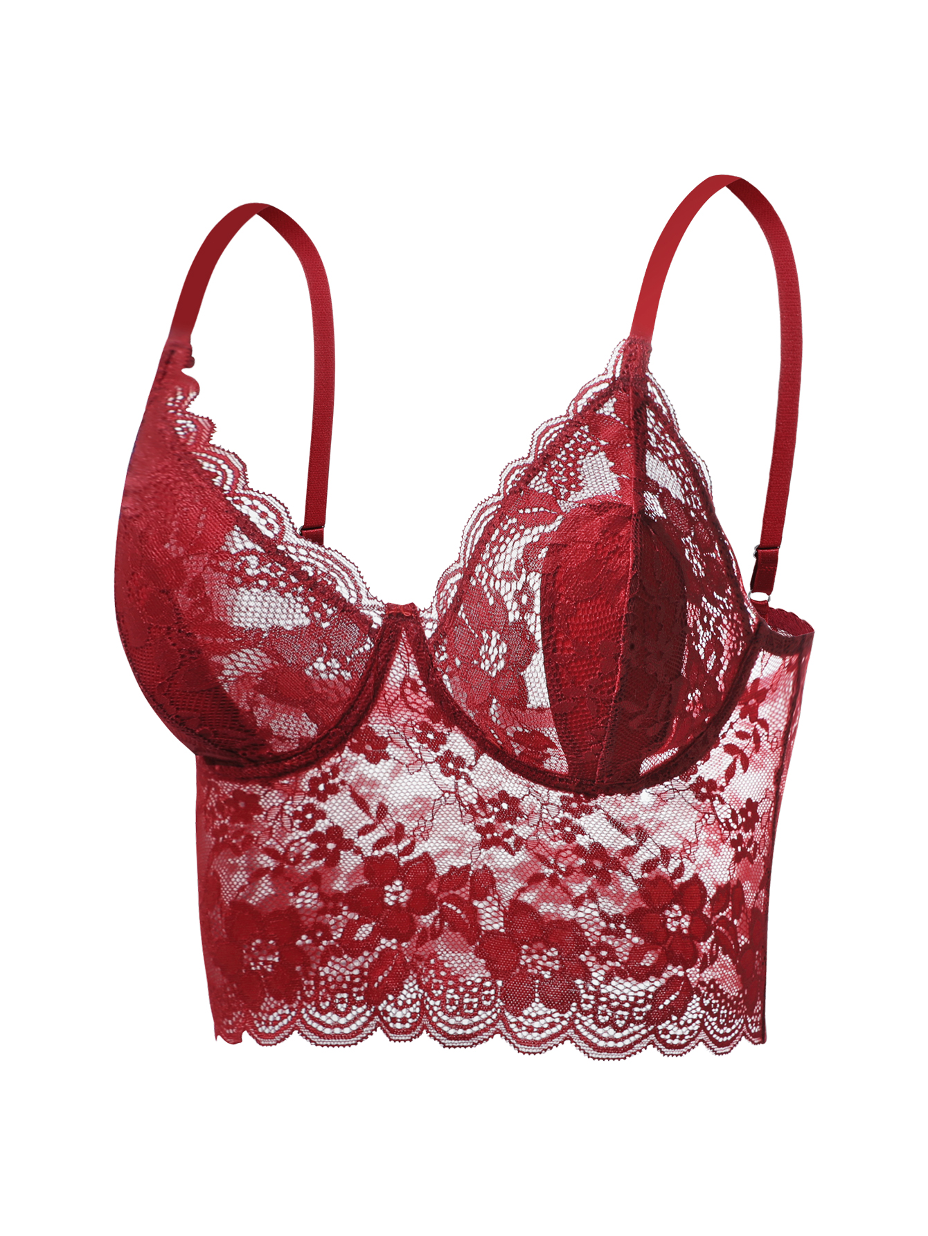 Elegant floral lace bodycon bra in deep red with scalloped edges and adjustable straps for women