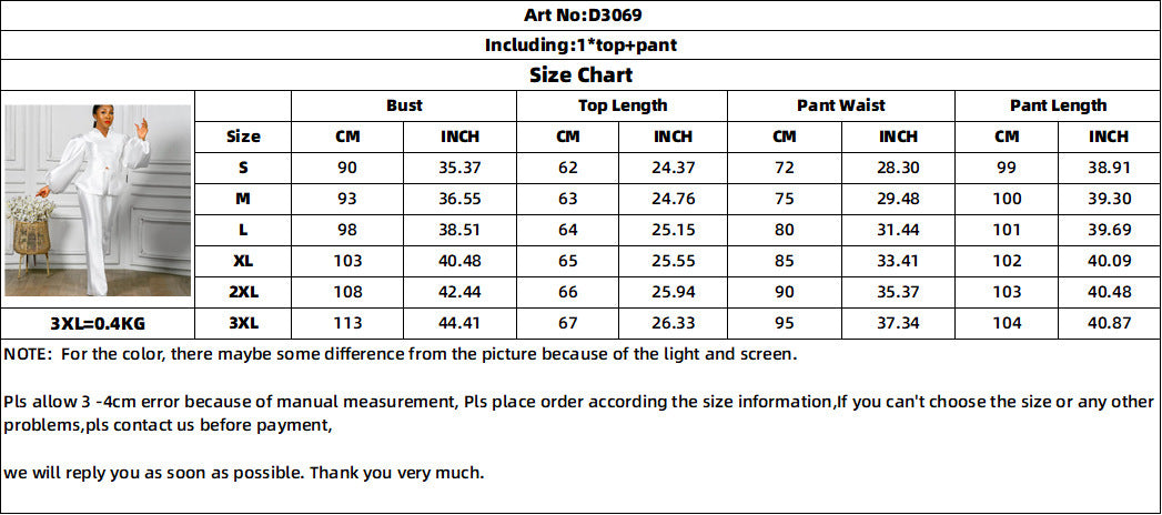 Women's fashion solid color puff sleeve top and wide leg pants set in white cotton blend polyester fiber