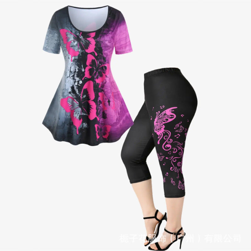 Women's two-piece set with butterfly print short-sleeve top and black cropped pants with pink butterfly design