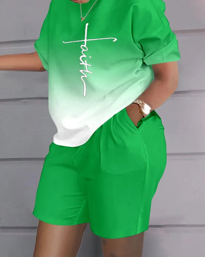 Green and white gradient summer casual 2-piece outfit with short sleeves and pockets on shorts for women