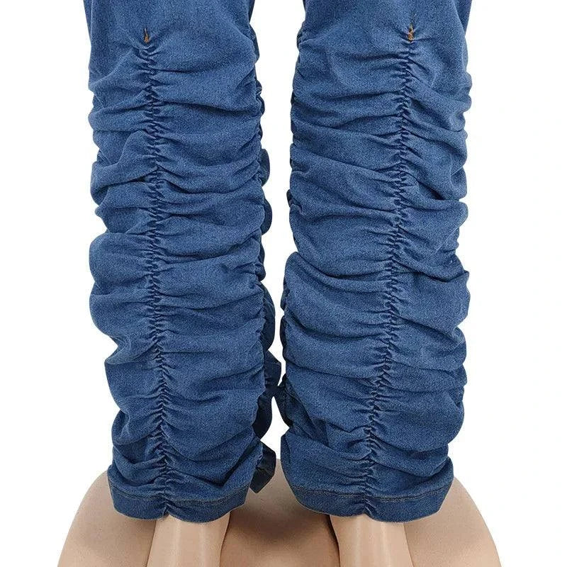 Chic plus size denim stacked jeans with ruched detailing for women