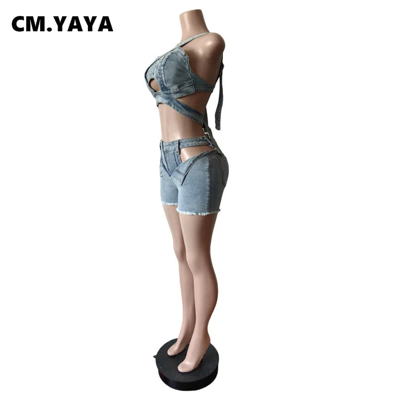 Chic denim crop top with wrap straps and matching cutout denim shorts summer set on mannequin