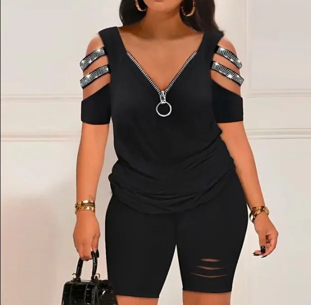 Stylish black summer casual hollow out 2-piece set with zippered cold shoulder top and fitted shorts.