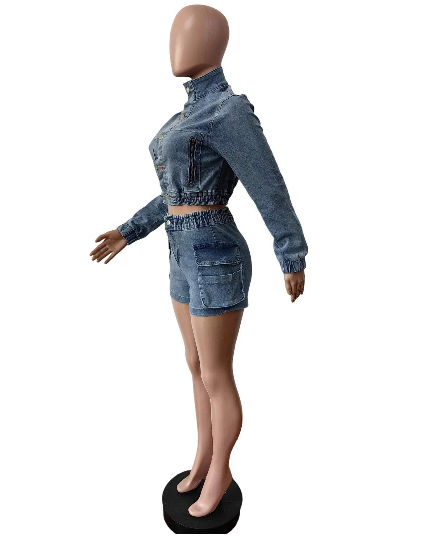 Chic multi pocket denim shorts set with matching cropped jacket on mannequin