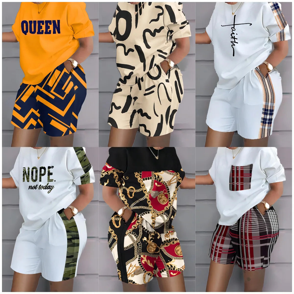 Women’s summer casual 2-piece outfit sets featuring printed tops and matching shorts in various stylish patterns and colors, designed for comfort and fashion.