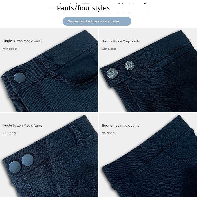 Close-up of four styles of black ripped leggings for women showing single button with zipper, double buckle with zipper, single button without zipper, and buckle-free without zipper designs