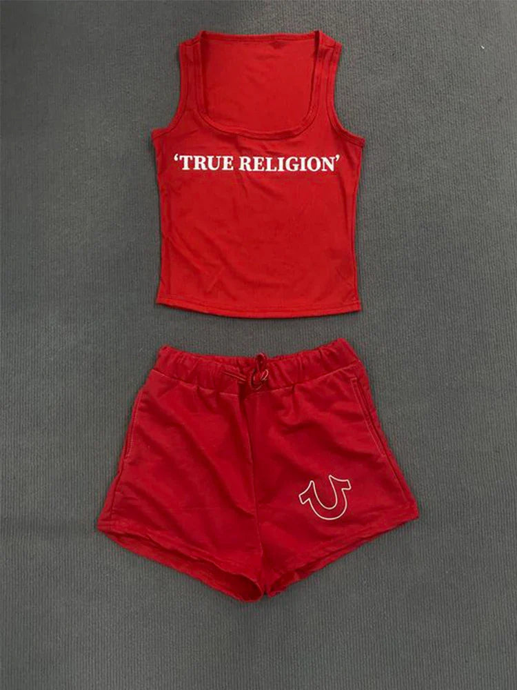 red ribbed summer two-piece crop top and shorts set with white text and logo detail