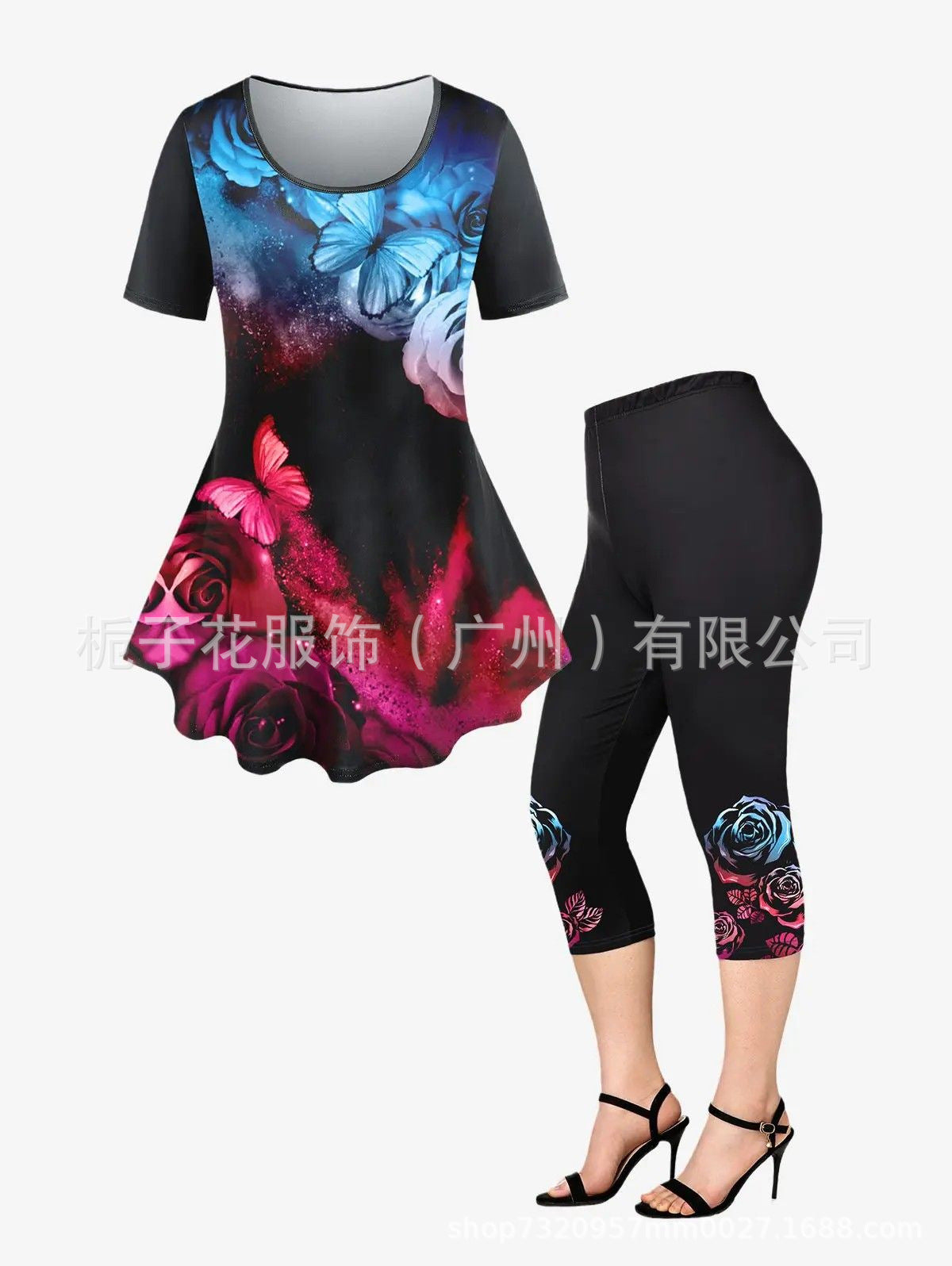 Women's two-piece set with butterfly and floral print, short-sleeved top and cropped leggings in black with blue and red accents