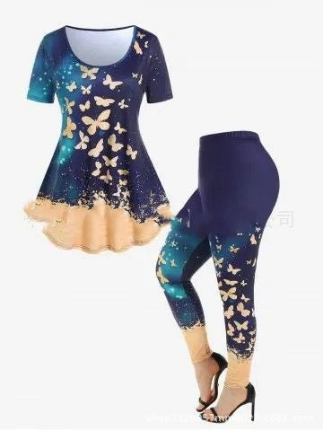 Women's two-piece set with butterfly print short-sleeved top and cropped leggings in blue and beige tones