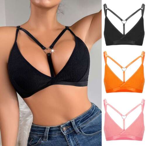 Women’s sexy lace bralette crop tops in black, orange, and pink with strappy front design.