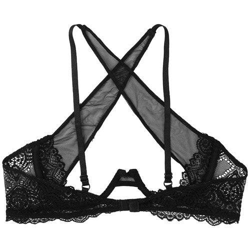 Black sheer floral lace cupless bra with crisscross back and adjustable straps, elegant romantic lingerie.