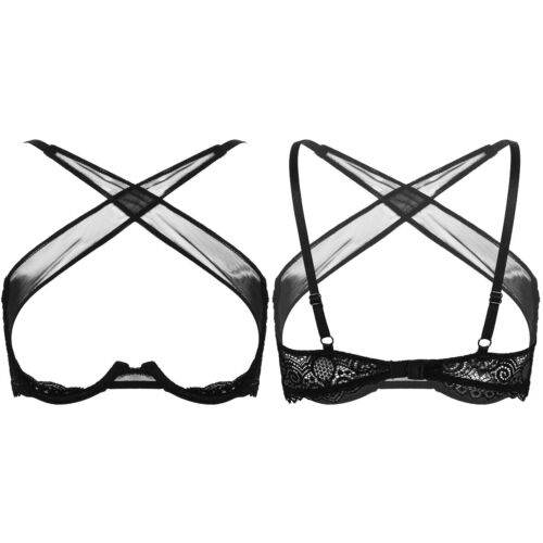 Black sheer floral lace cupless bra with crisscross straps and adjustable back closure, romantic lingerie style.
