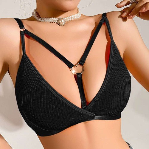 Black women's sexy lace bralette with strappy details and ribbed texture bustier crop top