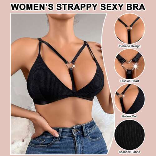 Women's sexy black lace bralette with strappy Y-shape design and heart detail, made of spandex fabric.