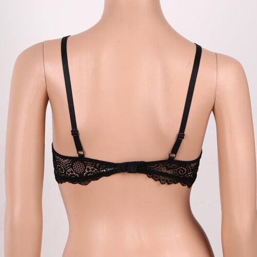 Back view of black sheer floral lace cupless bra with adjustable straps and hook-and-eye closure