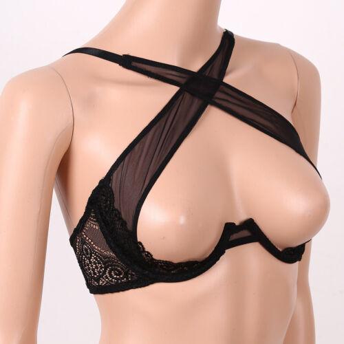 Black sheer floral lace cupless bra with crisscross straps and underwire support
