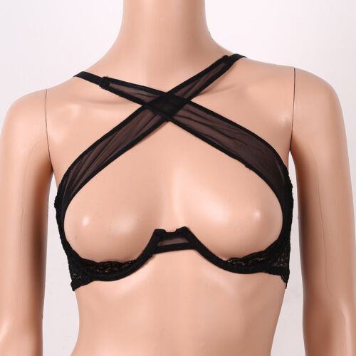 Black sheer floral lace cupless bra with crisscross front straps and underwire support on mannequin.