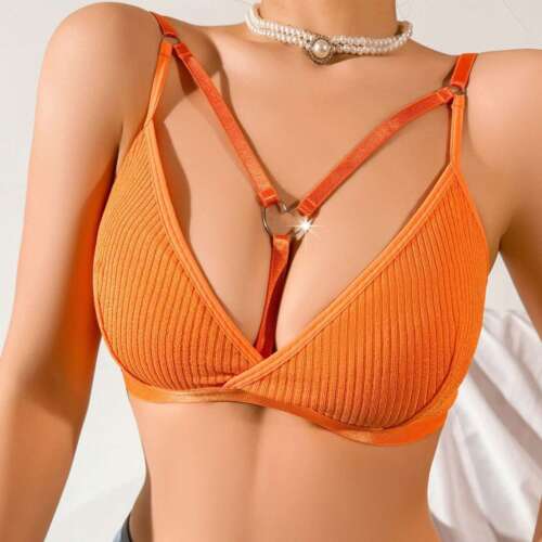 Women’s sexy lace bralette bustier crop top in orange with heart-shaped ring detail and adjustable straps.