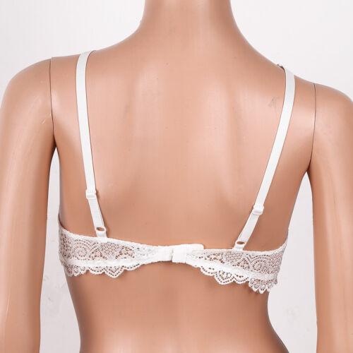 Back view of sheer floral lace cupless bra with adjustable straps and lace trim closure