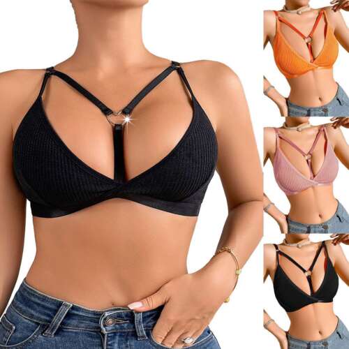 Women’s sexy lace bralette crop top with strappy design in black, orange, and pink colors.