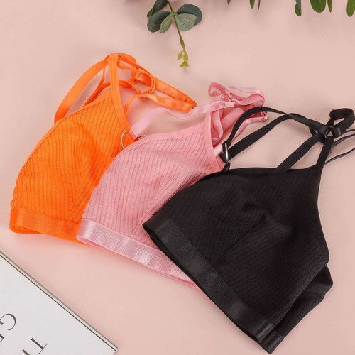 Set of women's sexy lace bralette crop tops in orange, pink, and black colors with ribbed texture and adjustable straps