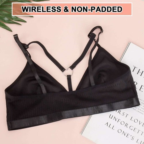 Wireless non-padded women's sexy black lace bralette with adjustable straps and V-neck design
