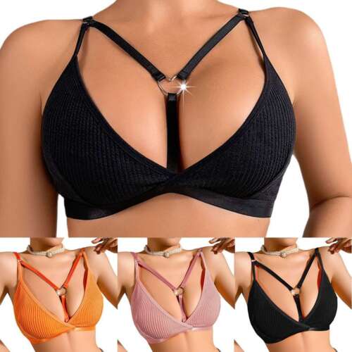 Women’s sexy lace bralette crop top with strappy design in black, orange, and pink colors