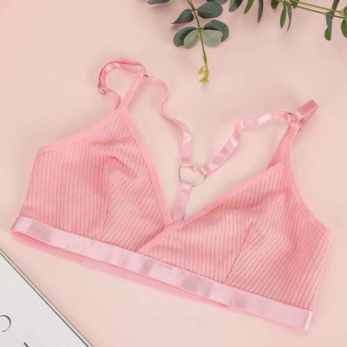 Pink women's sexy lace bralette with adjustable straps and ribbed texture
