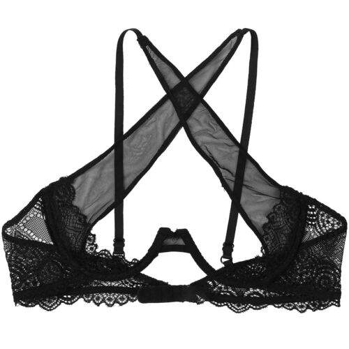 Black sheer floral lace cupless bra with crisscross adjustable straps and underwire support.