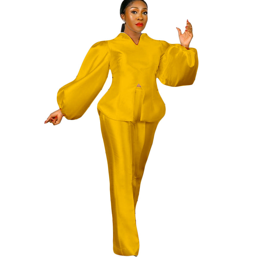 Woman wearing yellow Women's Fashion Solid Color puff sleeve top and wide leg pants set