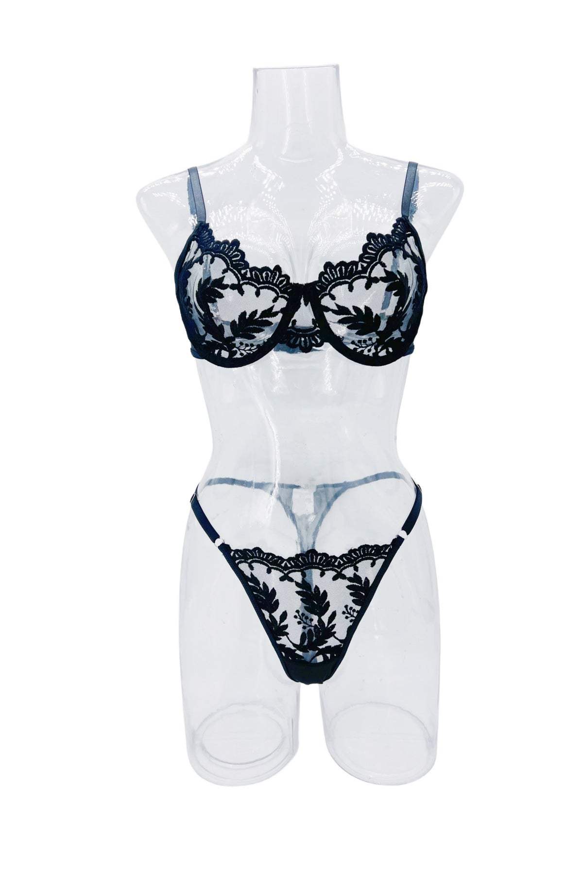 Black embroidered mesh lace push-up lingerie set for women with bra and underwear.