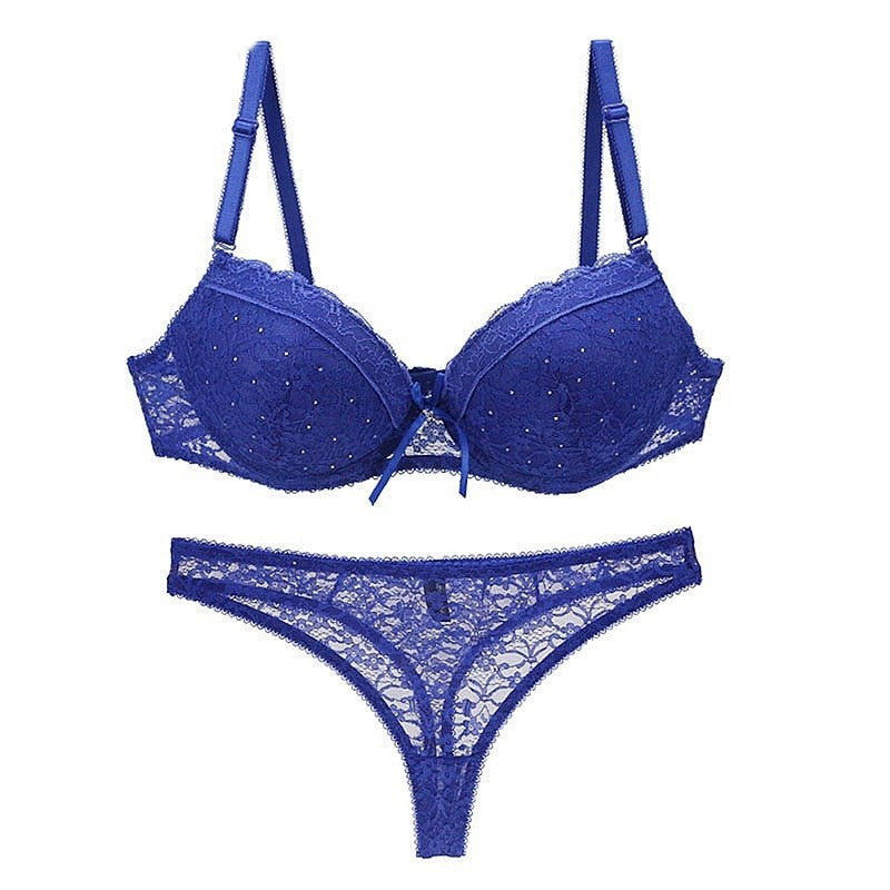 Blue sexy lace bra and matching lace underwear set for women