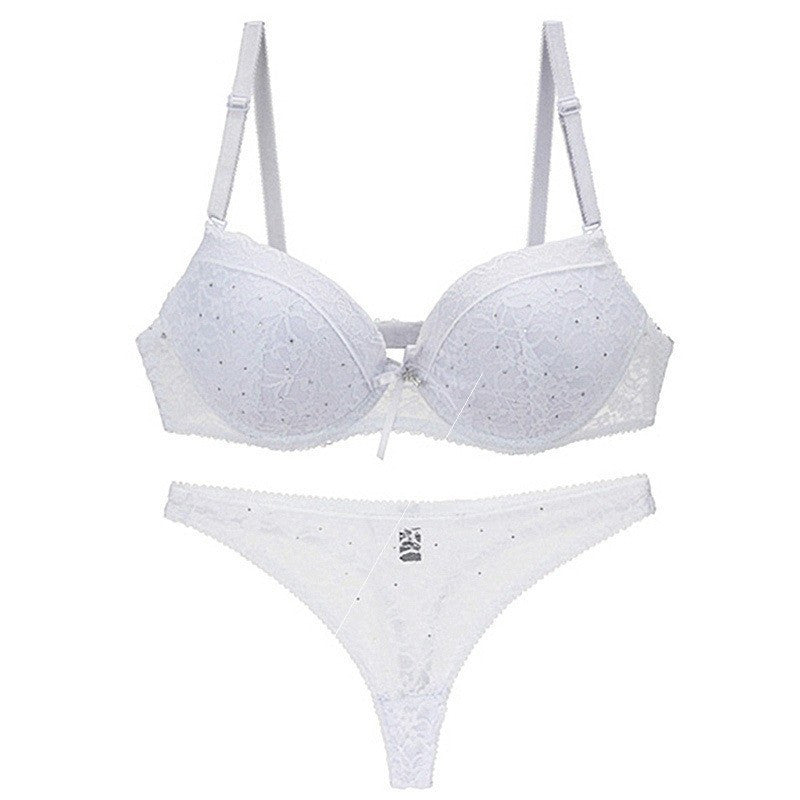White sexy lace bra set with gathered cups and matching thong underwear