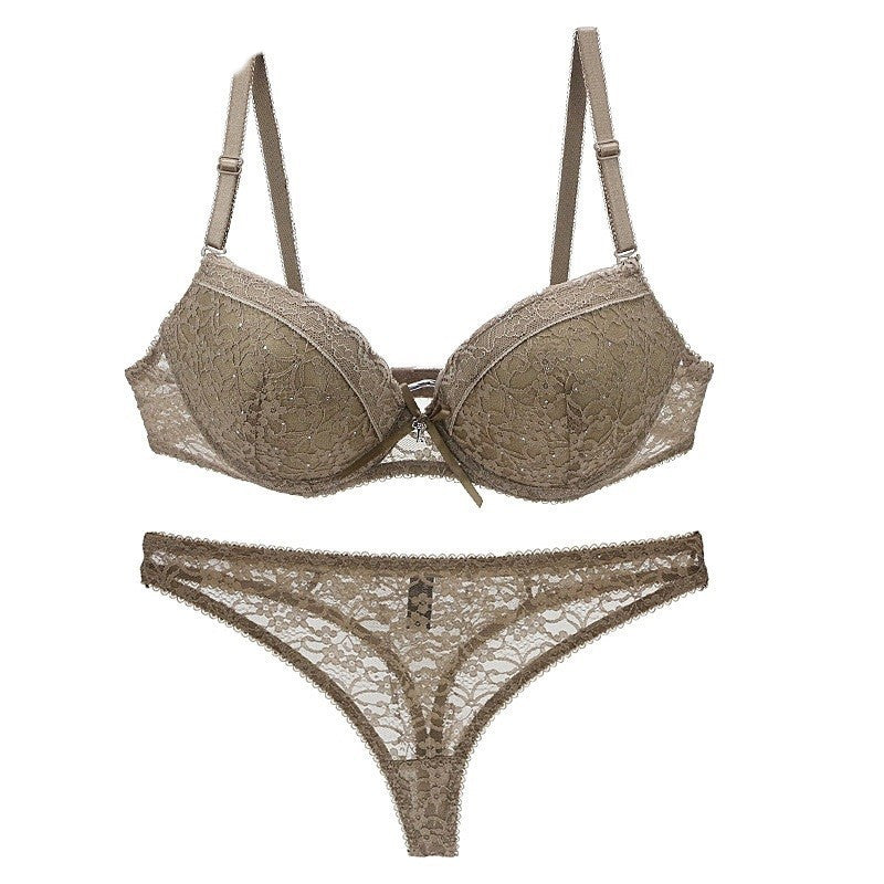 Sexy lace bra and panty set in khaki color with intricate floral lace design and adjustable straps