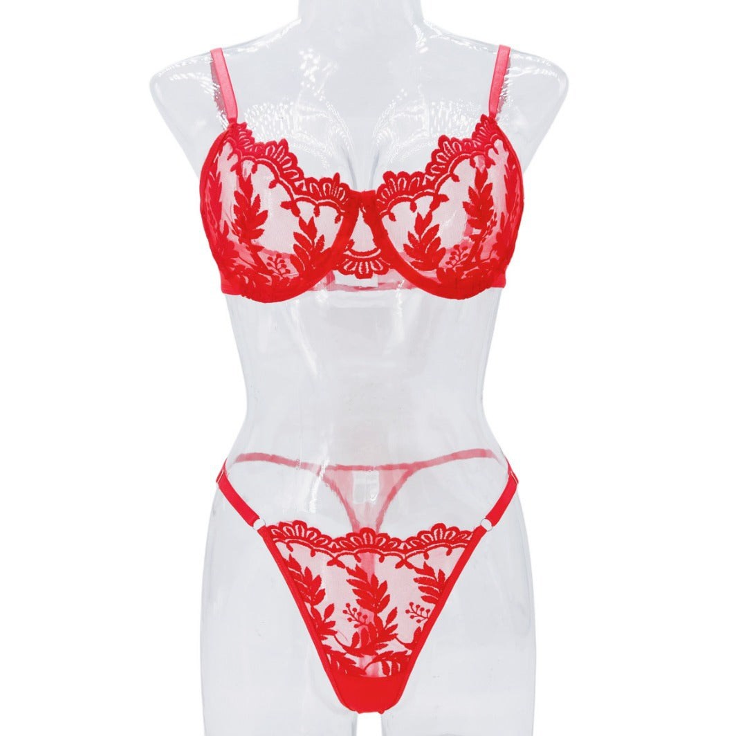 Red women's embroidered mesh lace push-up lingerie set with bra and underwear