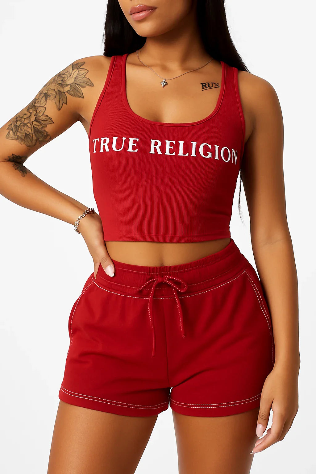 Summer Ribbed 2 Piece red crop top and shorts set for women with True Religion logo