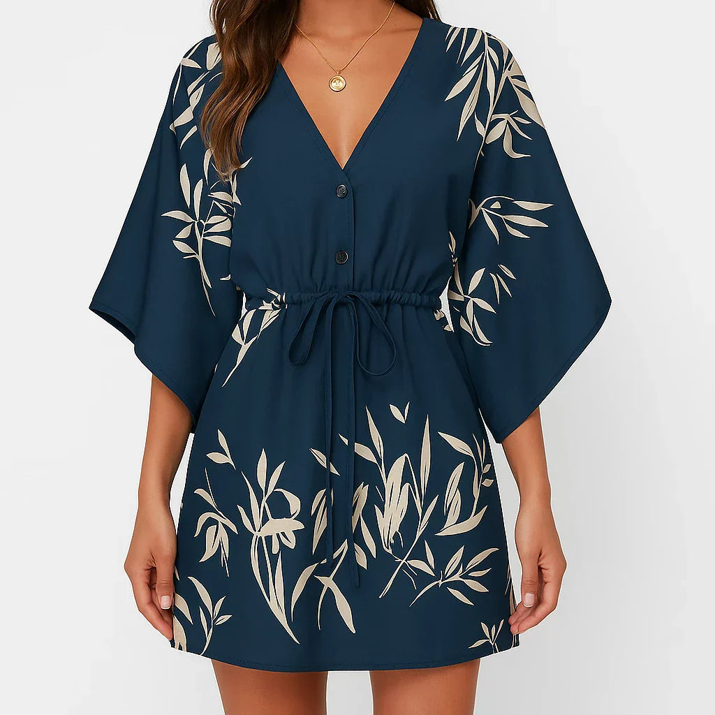 Navy blue fashion print V-neck summer dress with lace-up waist and floral design