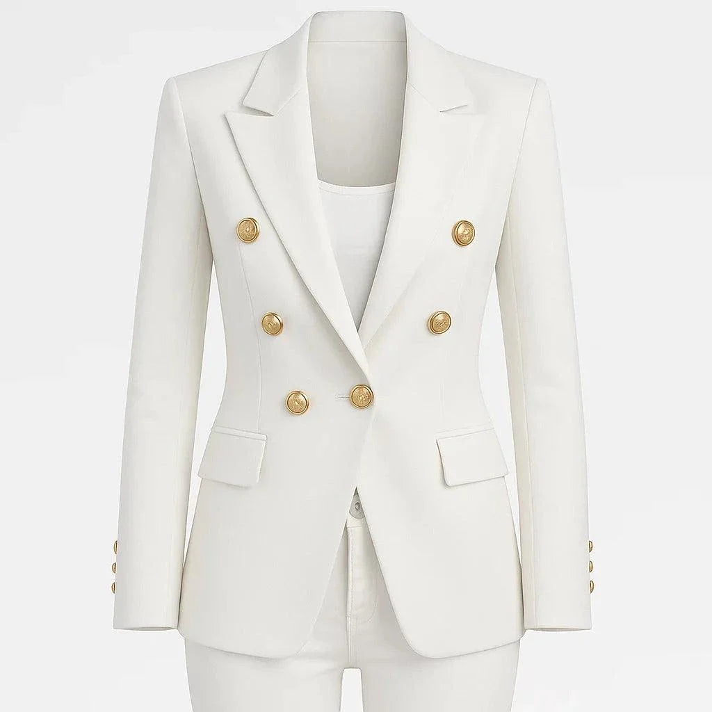 White customizable women's blazer suit with gold buttons and slim double-breasted design