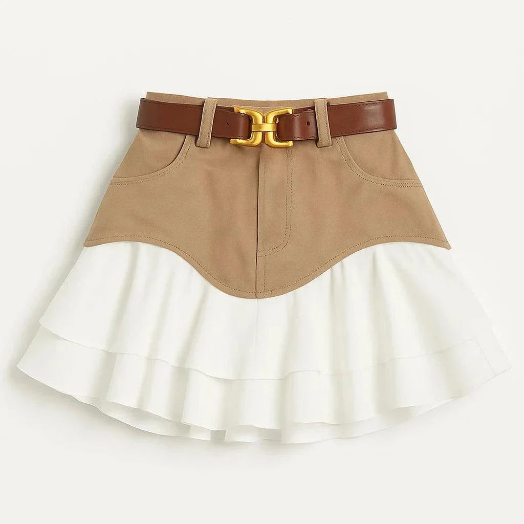 High waist ruffle edge denim skirt for women with brown belt and layered white ruffle hem