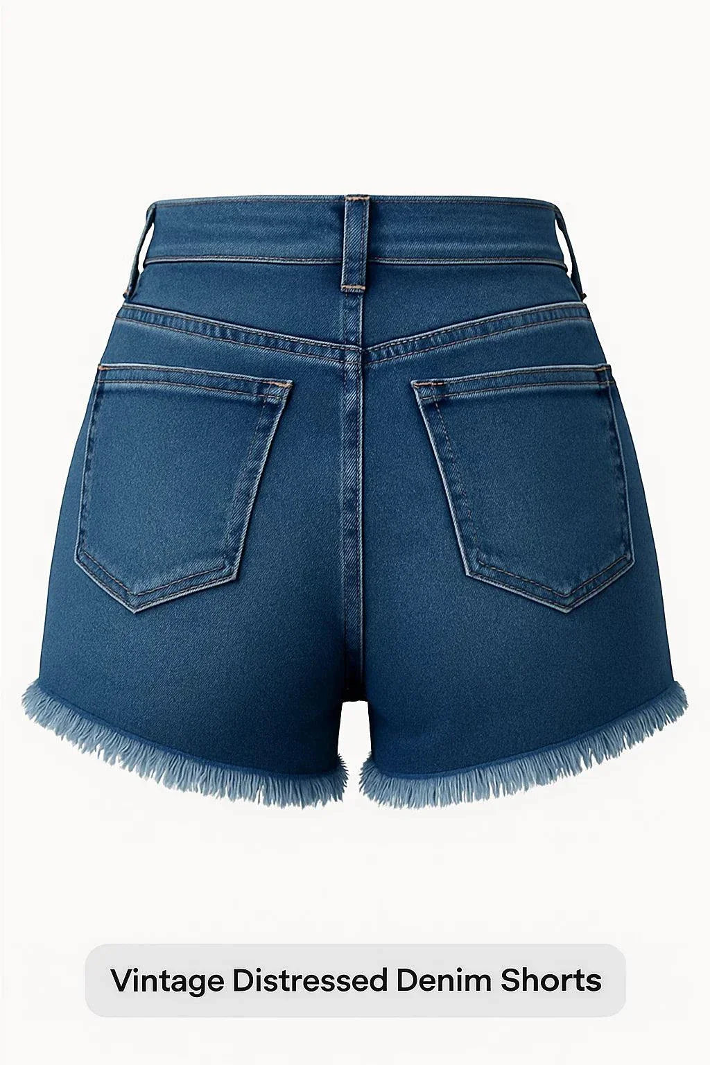 Back view of vintage distressed denim shorts for women with frayed hem and pockets