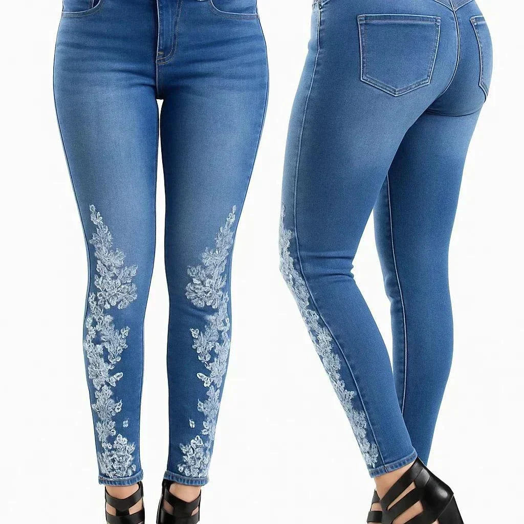Women's blue skinny jeans with white floral embroidery along the legs, shown from front and back views.