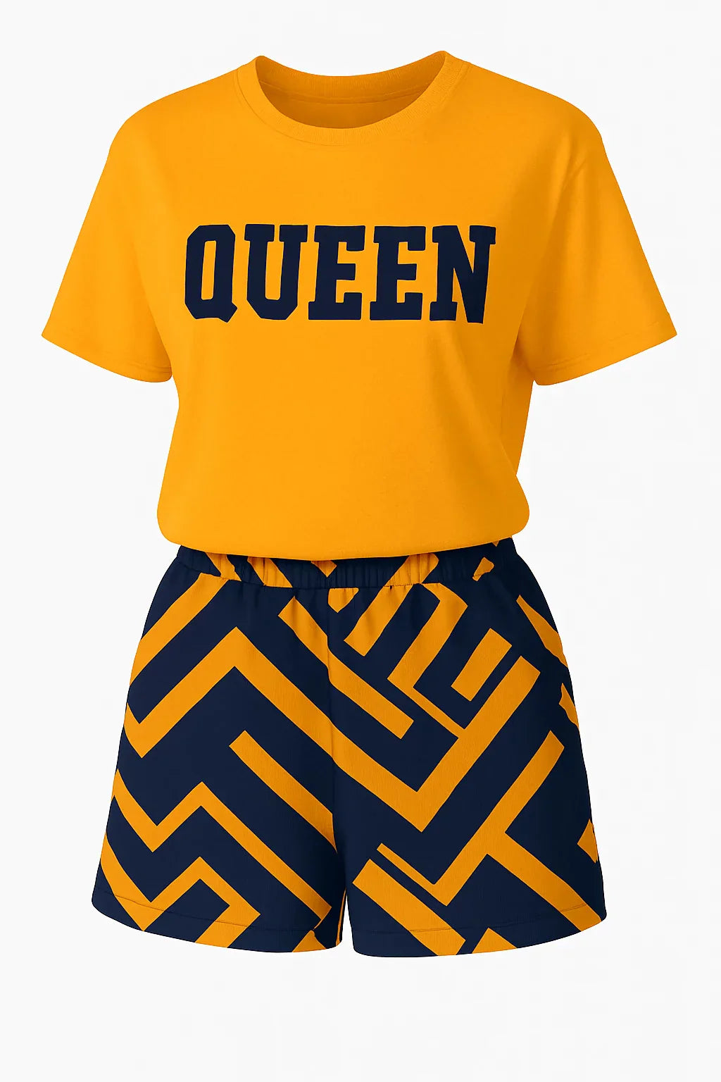 Orange summer casual 2-piece outfit for women with "QUEEN" printed short-sleeve top and navy geometric pattern shorts with pockets
