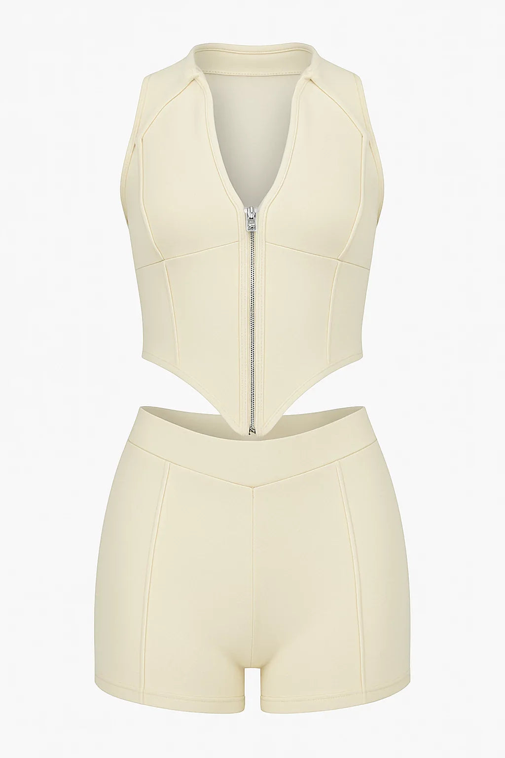 Sporty chic patchwork beige zip-up crop top and high-waisted shorts set for women