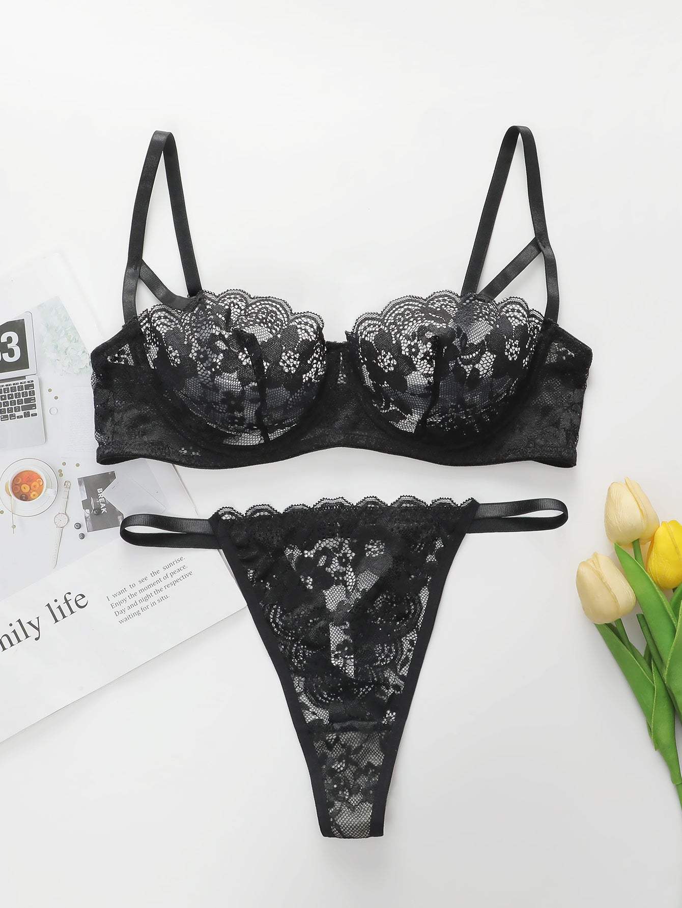 Black Viomisha lace bra and panty set with floral design and scalloped trim