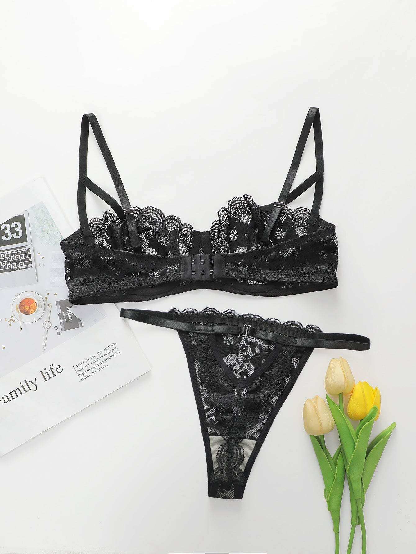 Black Viomisha Lace Bra and Panty Set with floral design and adjustable straps.