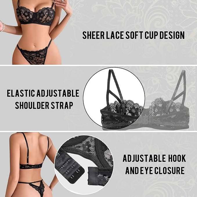 Black Viomisha lace bra and panty set with sheer soft cup design, adjustable elastic shoulder straps, and hook-and-eye closure.