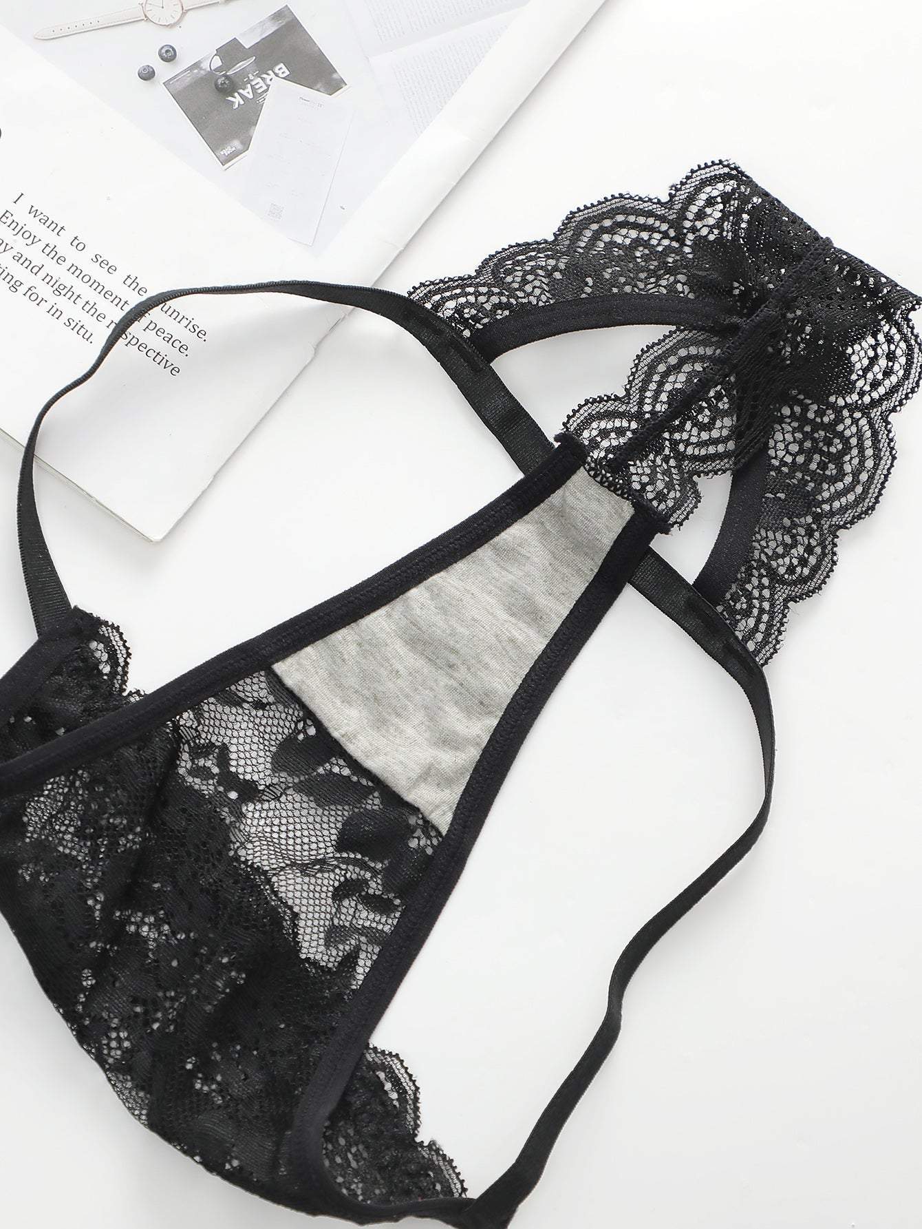 Black Viomisha lace bra and panty set with floral design and scalloped edges